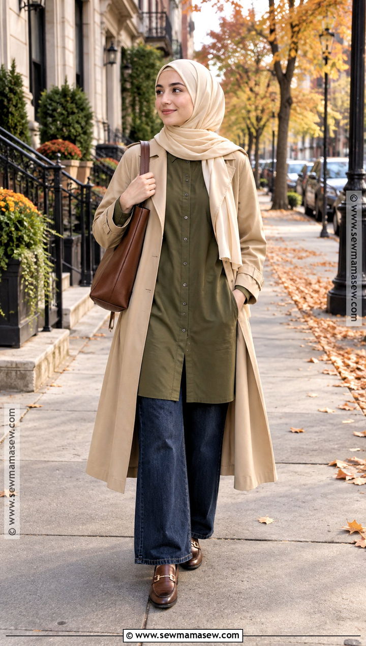 Long Tunic Hijabi Outfit With Wide Leg Jeans - 25 fall hijabi outfits