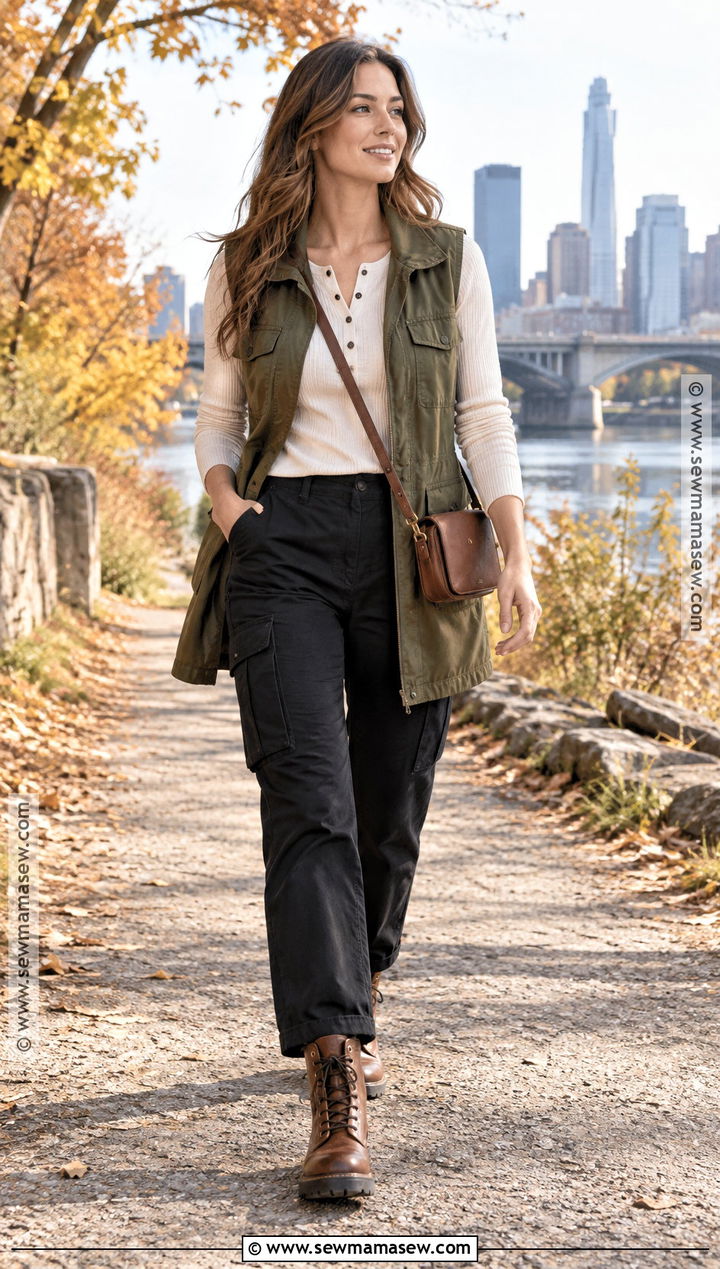 Long Utility Vest With Henley And Cargo Pants - 20 Long Vest Outfit Fall Ideas