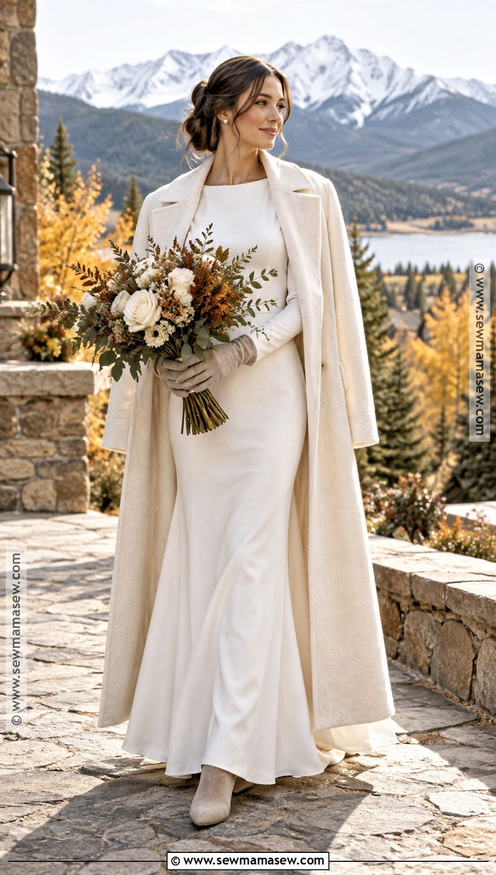 Long Wool Bridal Coat With Minimalist Gown - 15 Fall Wedding Jacket Brides Ideas