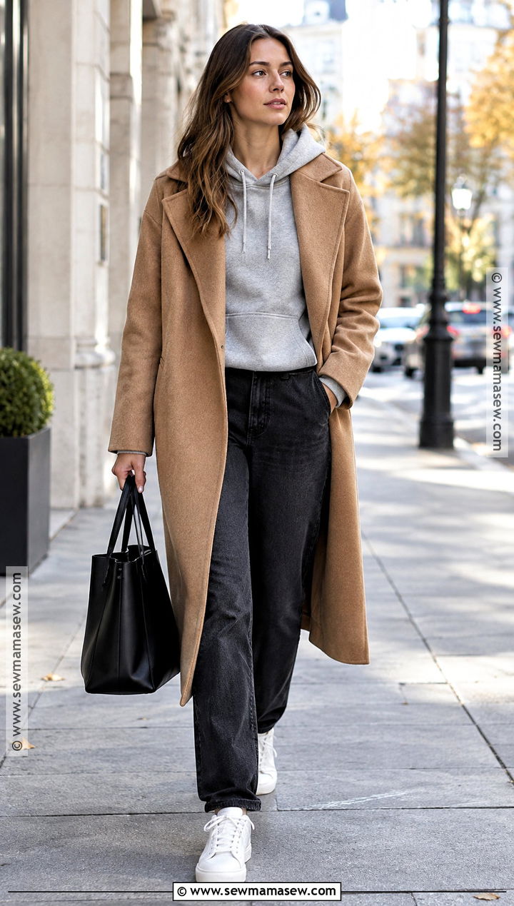 Long Wool Coat With Hoodie And Jeans - 25 fall outfits ideas