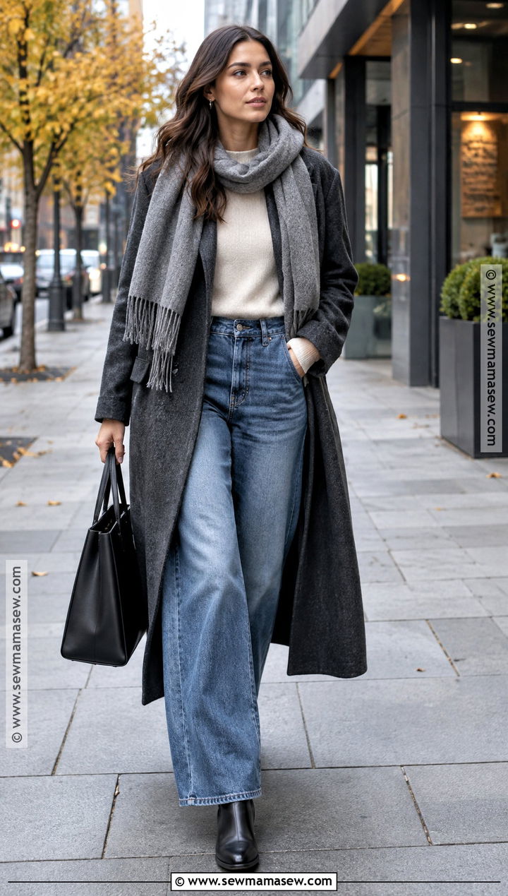 Long Wool Coat and Wide Leg Jeans Downtown Autumn Outfit - 20 Downtown Autumn Outfits