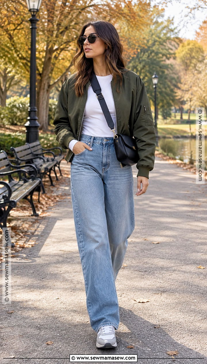 Loose Jeans With Bomber Jacket - 15 cute fall jeans