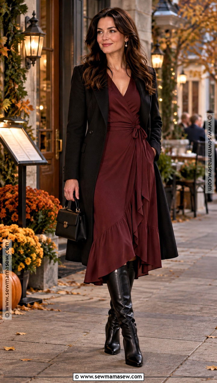 Lorelai Gilmore Burgundy Wrap Dress And Boots Outfit - 20 lorelai gilmore outfits autumn