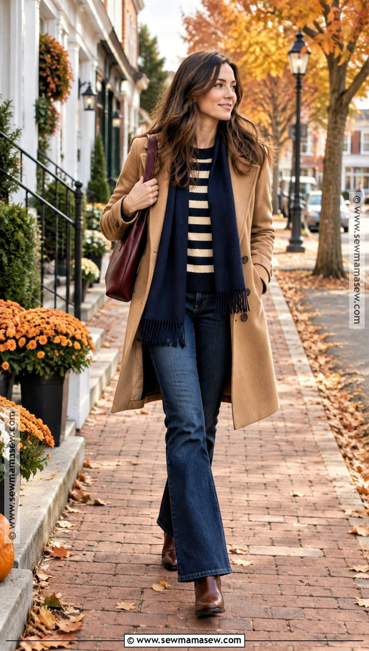 Lorelai Gilmore Camel Coat And Striped Sweater Outfit - 20 lorelai gilmore outfits autumn