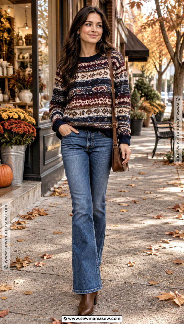 Lorelai Gilmore Patterned Sweater And Bootcut Jeans Outfit - 20 lorelai gilmore outfits autumn