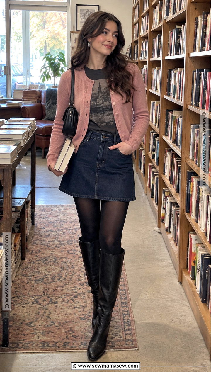 Lorelai Gilmore Pink Cardigan And Denim Skirt Outfit - 20 lorelai gilmore outfits autumn