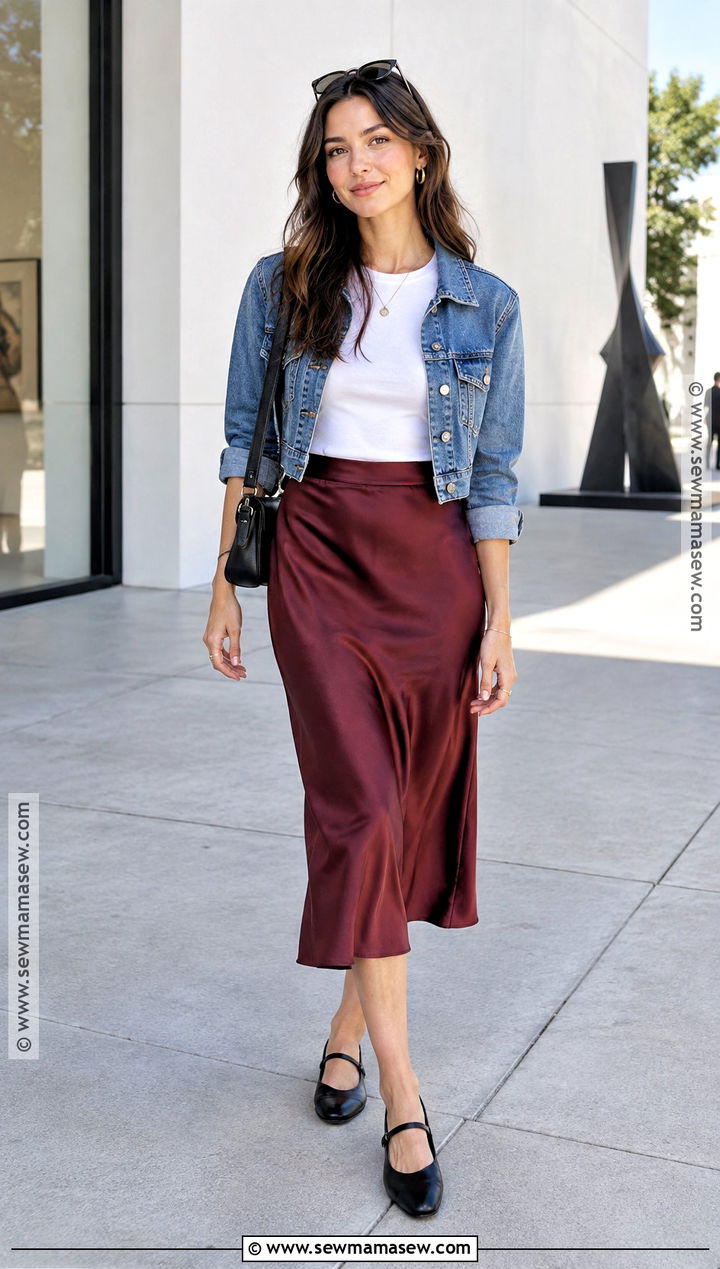 Los Angeles Fall Outfit With Satin Midi Skirt And Denim Jacket - 15 los angeles fall fashion ideas