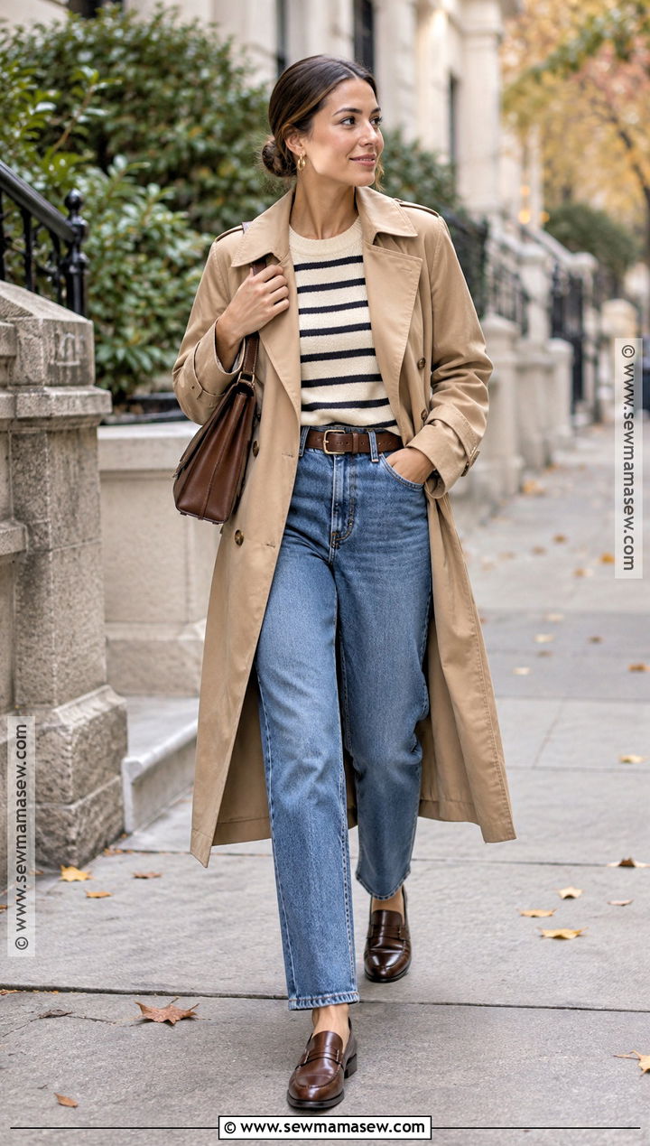 Low Bun With Trench Coat And Straight Jeans - 15 Bun Outfit Fall Ideas