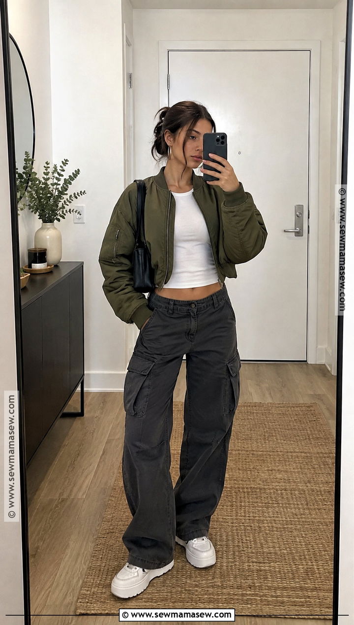 Low Rise Cargo Pants With Bomber Jacket and Platform Sneakers - 15 fall outfits women cargo pants