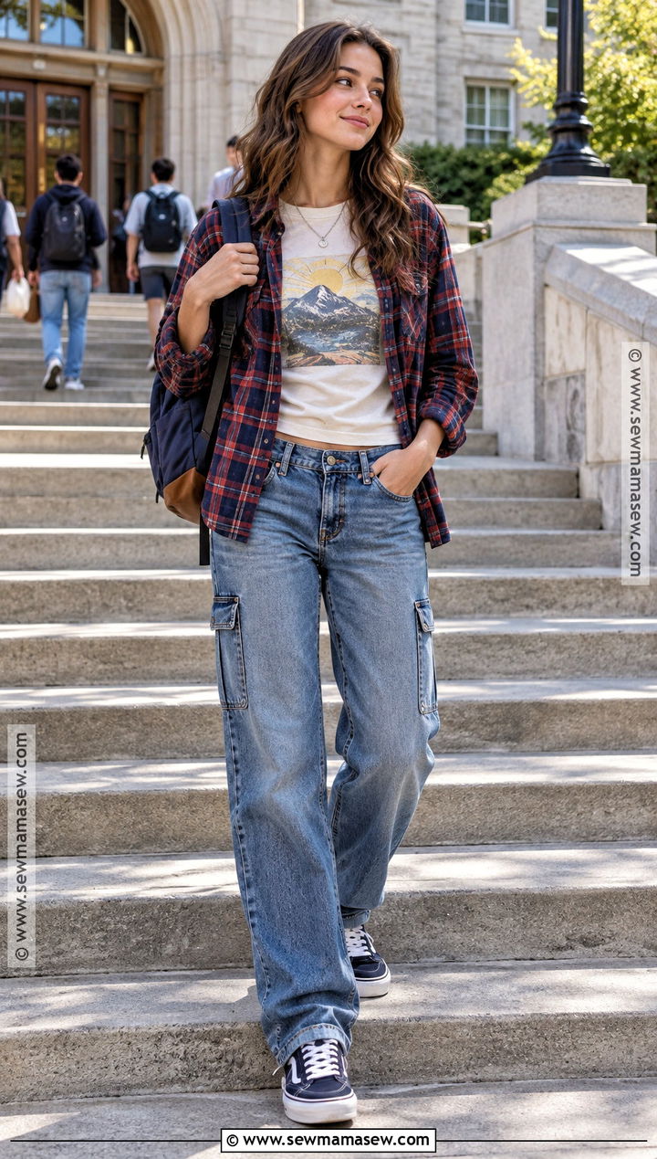 Low Rise Jeans With A Graphic Tee And Flannel Shirt - 15 Back To School Outfits Low Rise Jeans