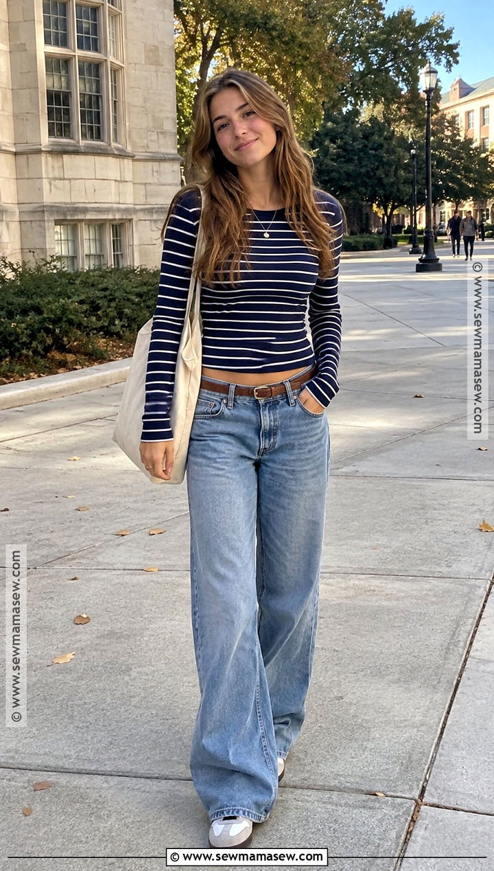 Low Rise Jeans With A Striped Long Sleeve Shirt - 15 Back To School Outfits Low Rise Jeans