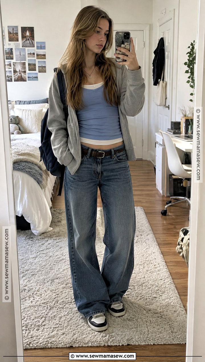 Low Rise Jeans With A Zip Up Hoodie And Layered Tees - 15 Back To School Outfits Low Rise Jeans