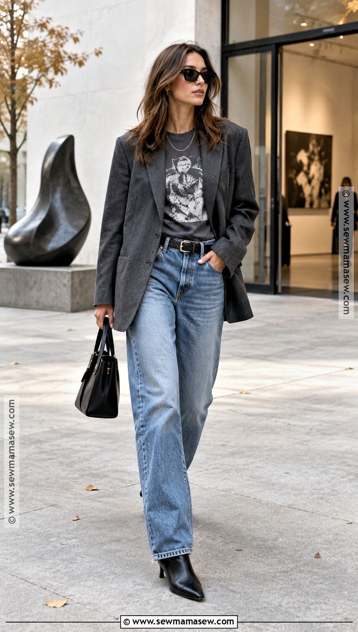 Low Rise Jeans With Blazer And Graphic T Shirt - 20 low rise jeans outfit fall