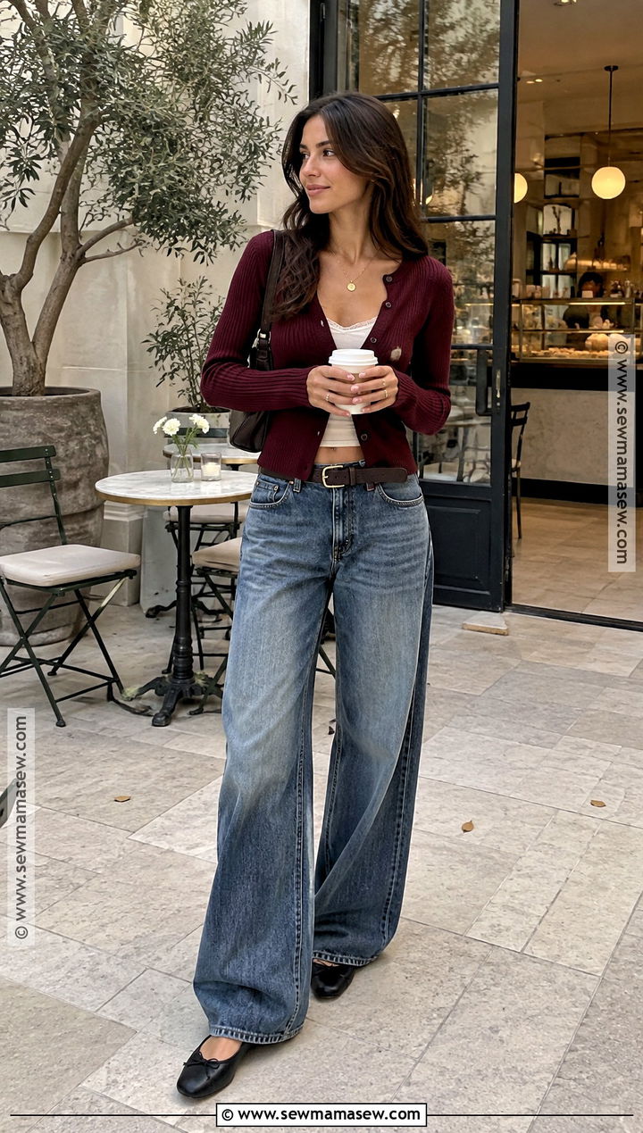 Low Rise Jeans With Cardigan And Ballet Flats - 20 low rise jeans outfit fall