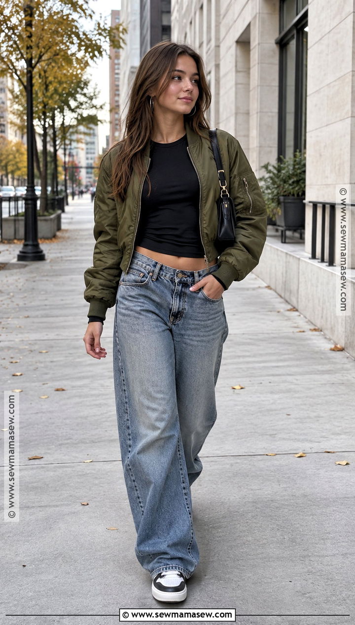 Low Rise Jeans With Long Sleeve Top and Bomber - 20 cute fall outfits with jeans