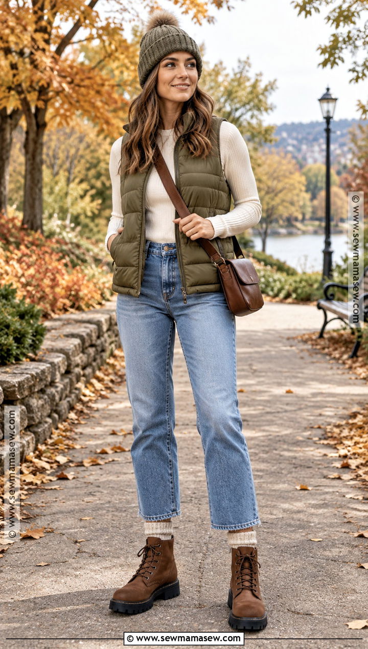Lug Sole Boots With Jeans And Puffer Vest - 20 cute fall boots
