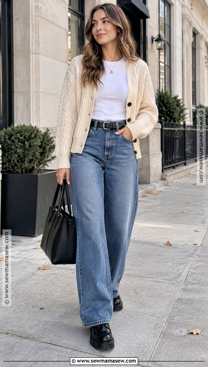 Lug Sole Boots With Wide Leg Jeans And Cardigan - 20 Fall Boots for Women