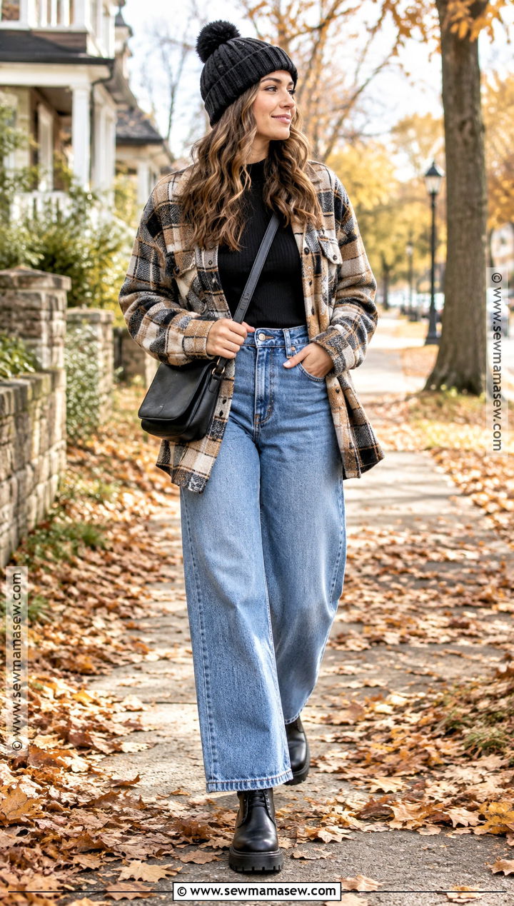Lug Sole Boots With Wide Leg Jeans And Shacket - 25 fall boots outfit