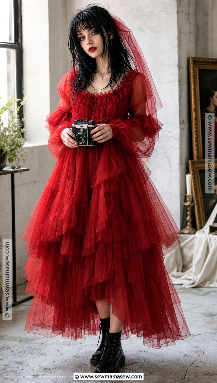 Lydia Deetz Costume With Red Tulle Dress - 35 dark hair halloween costume ideas