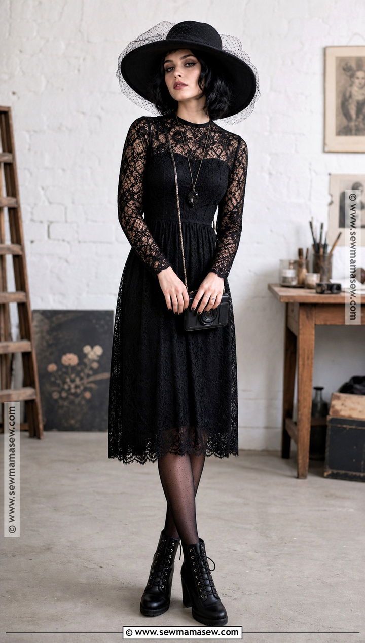 Lydia Deetz Costume With Wide Brim Hat - 30 black dress halloween costume ideas