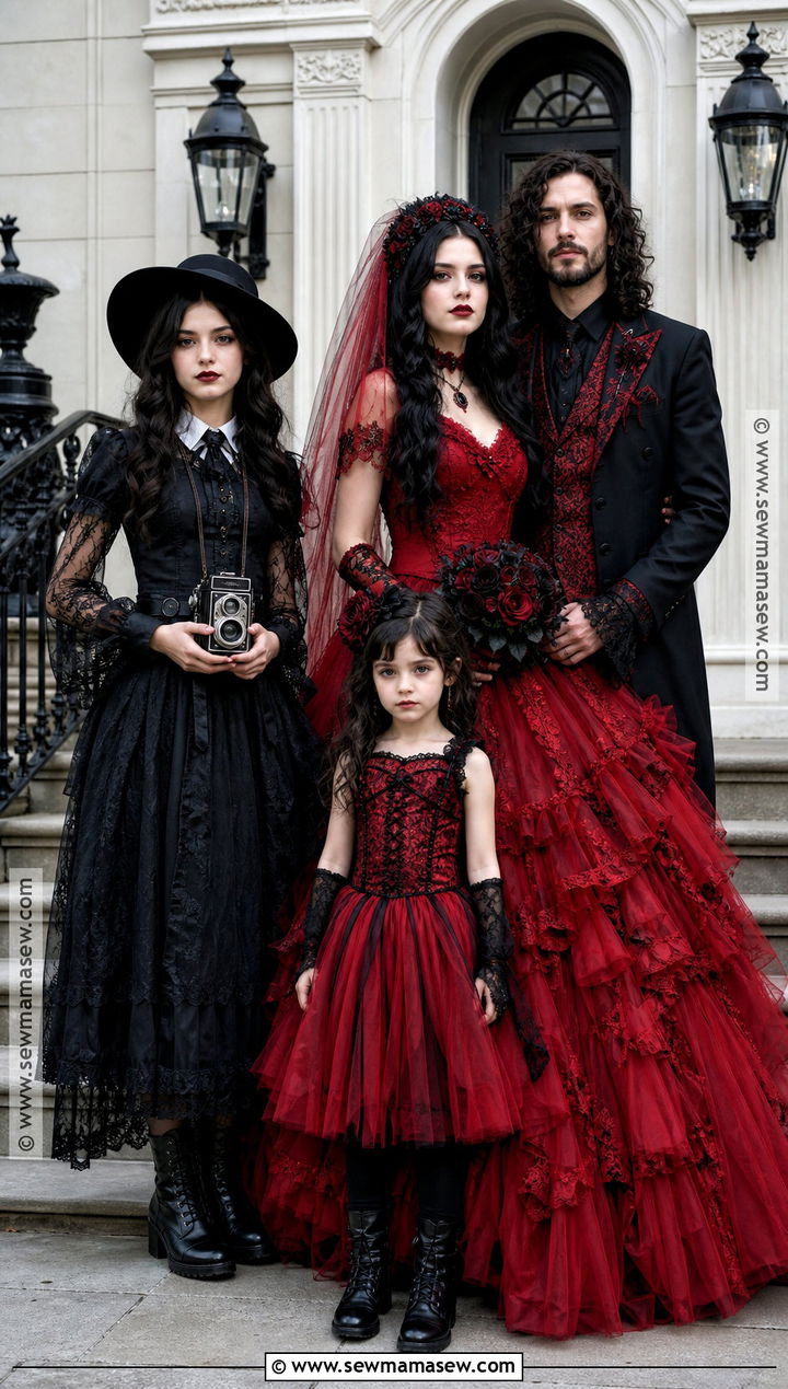 Lydia Family Costume In Red And Black - 30 beetlejuice family costume ideas