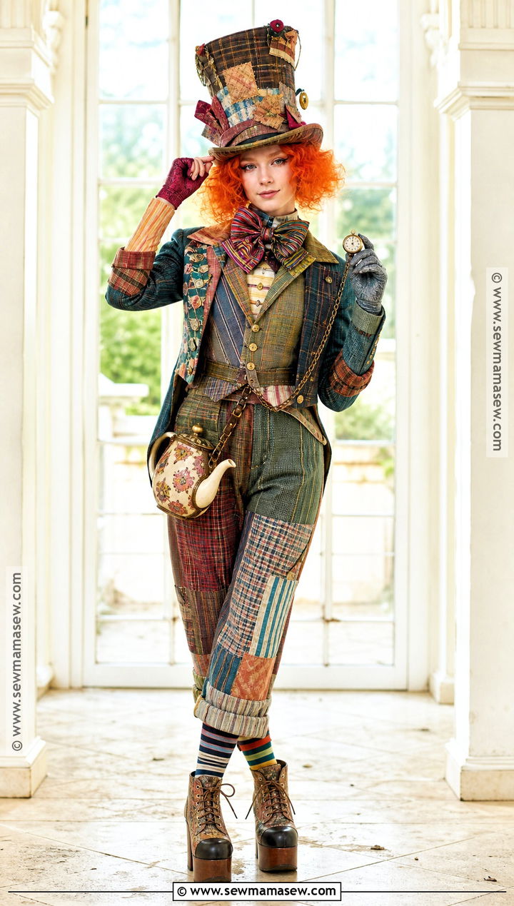 Mad Hatter Jumpsuit Costume With Patchwork Print - 50 mad hatter costume ideas