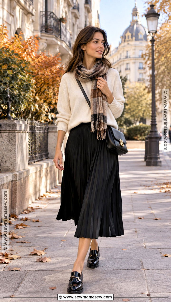 Madrid Fall Sweater And Pleated Midi Skirt Outfit - 20 madrid fall outfits