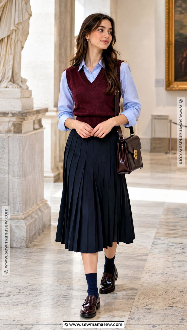 Madrid Knit Vest and Pleated Skirt Outfit - 15 madrid fall fashion ideas