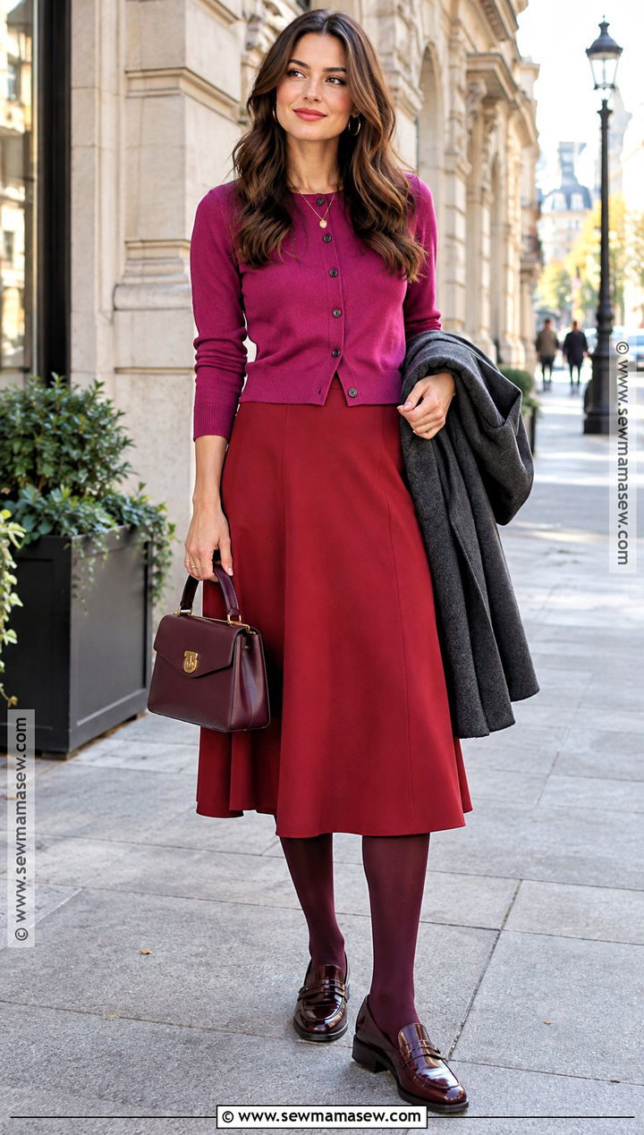Magenta Cardigan And Red Midi Skirt Outfit - 15 Colorful Autumn Clothing Ideas