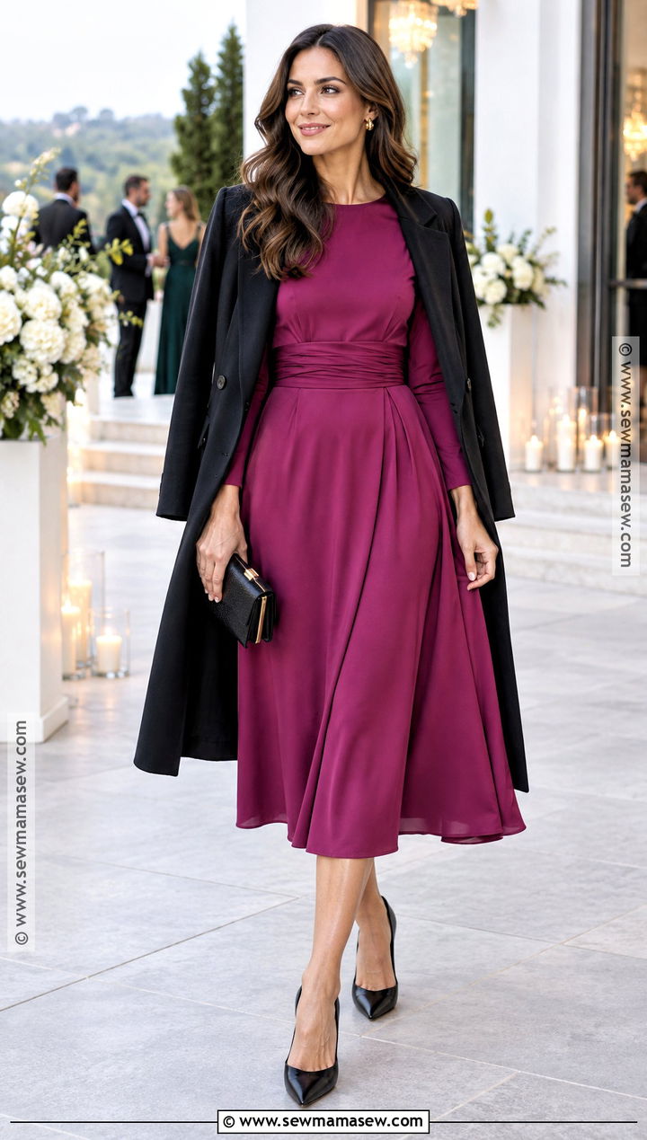 Magenta Long Sleeve Midi Dress - 15 fall wedding different color dresses