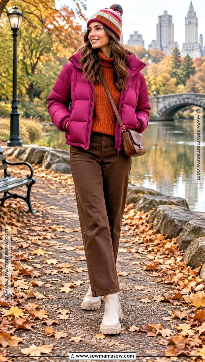 Magenta Puffer And Orange Sweater Fall Outfit - 20 Fall Colorful Outfits