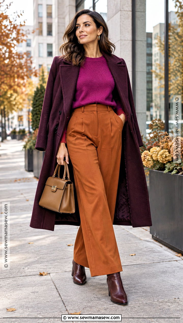 Magenta Sweater and Orange Trousers Autumn Outfit - 25 colourful autumn outfits