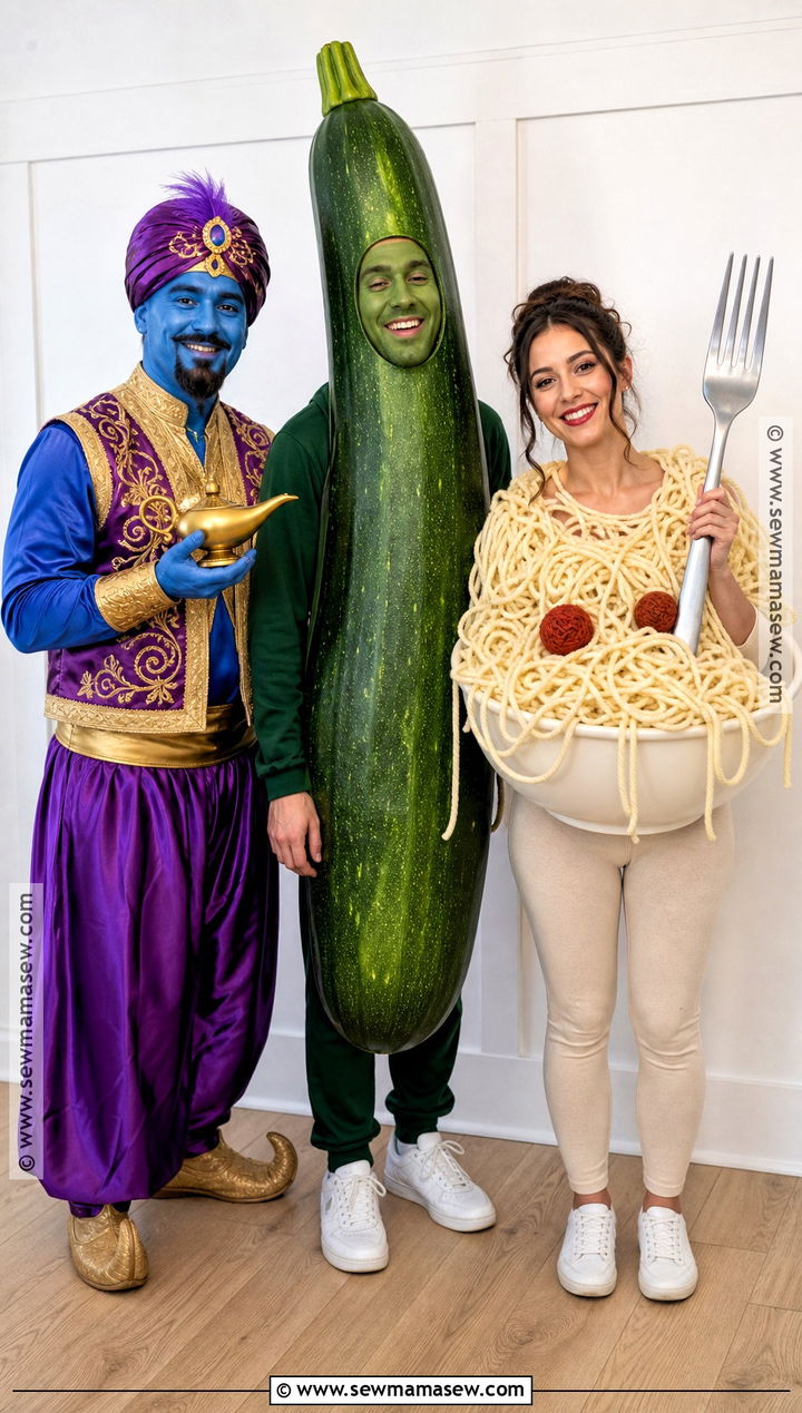 Magic Genie Green Zucchini And Bowl Of Linguini Costume - 35 rhyme without reason costume 3 people ideas