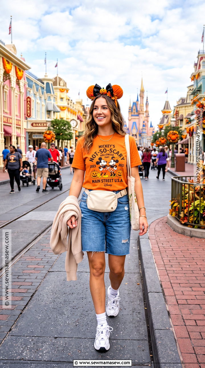 Magic Kingdom Orange Tee And Denim Shorts Outfit - 15 Magic Kingdom Outfit Fall Ideas