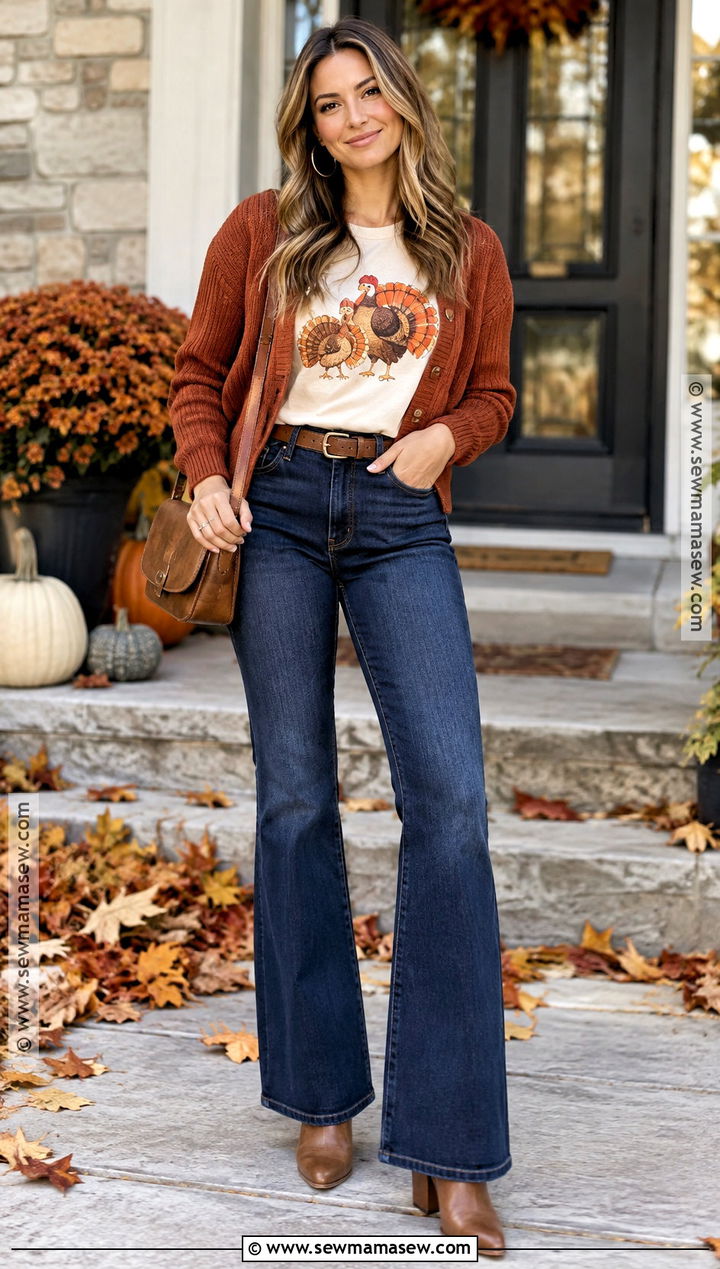 Mama Of Little Turkeys Shirt With Flare Jeans - 15 mama thanksgiving shirt ideas