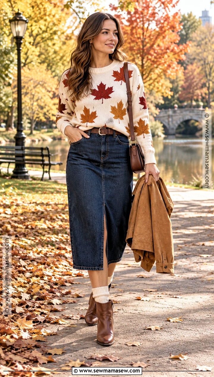 Maple Leaf Sweater With Denim Skirt - 15 fall leaf sweater ideas