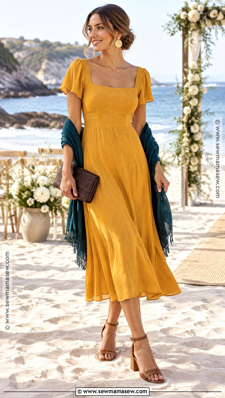 Marigold Crepe Midi Fall Beach Wedding Guest Dress - 20 fall beach wedding guest dress ideas