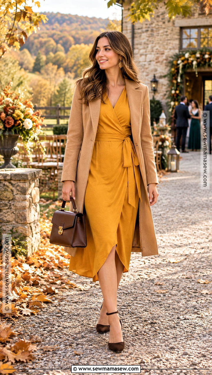 Marigold Wrap Midi Dress Outdoor Fall Wedding Guest Outfit - 25 outdoor fall wedding guest outfit ideas