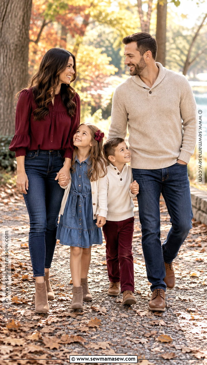 Maroon Blouse And Dark Denim Family Outfit - 15 fall family pictures outfits maroon