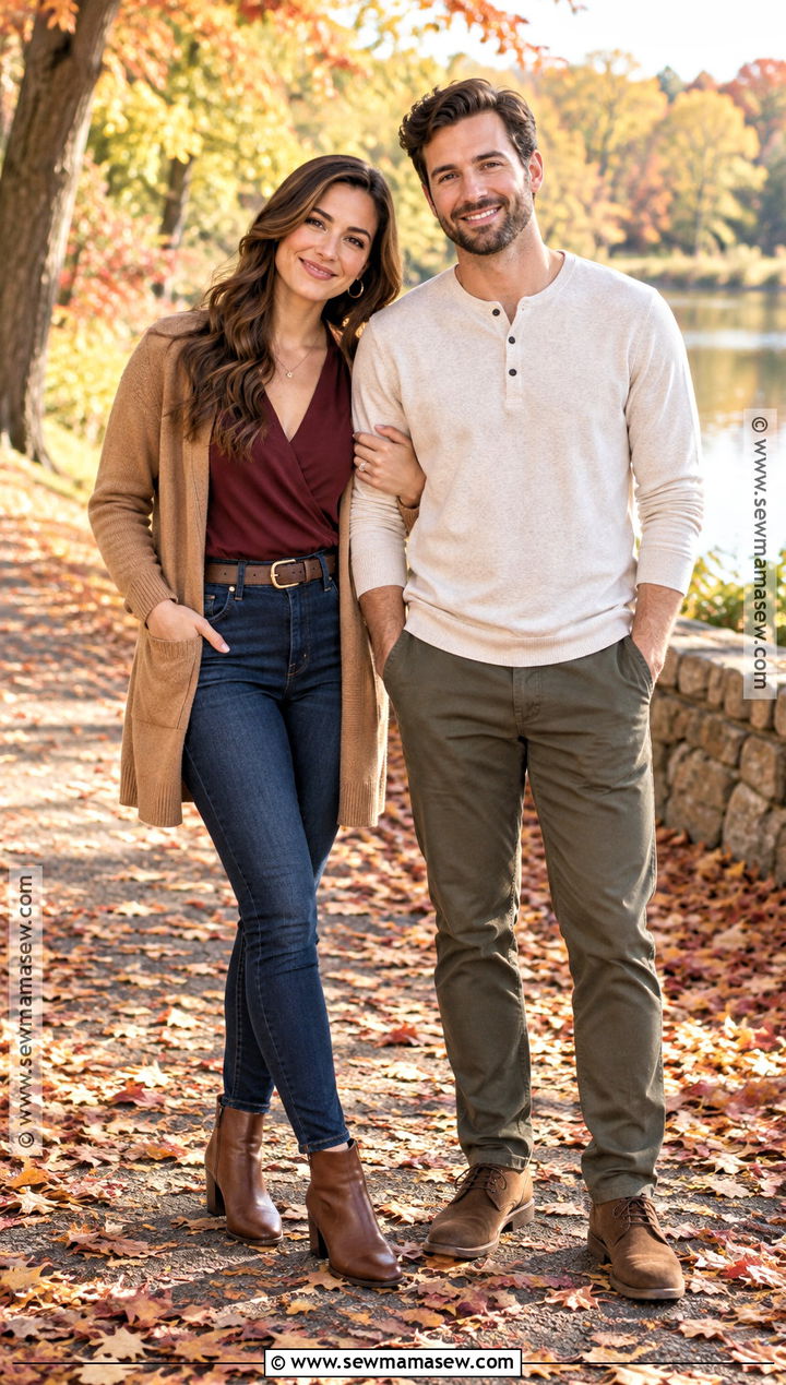 Maroon Blouse And Dark Jeans Fall Engagement Photo Outfit - 20 outdoor engagement photos outfits fall