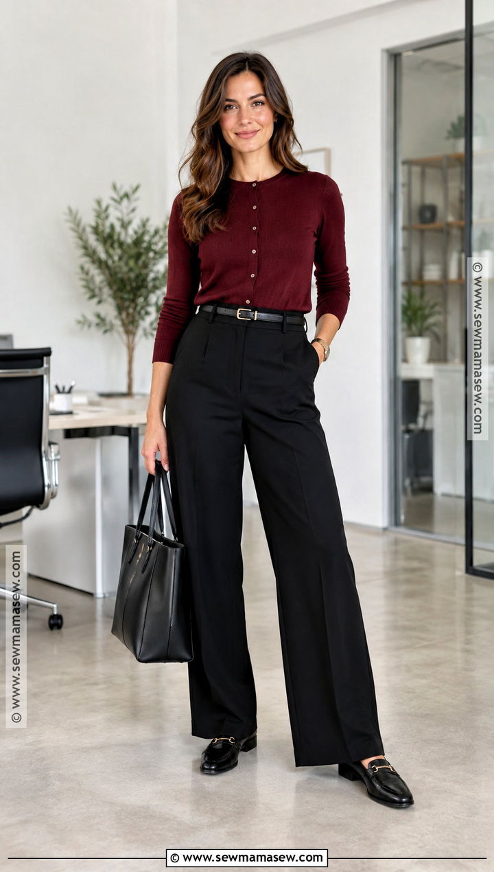 Maroon Cardigan With Black Trousers - 20 maroon fall outfit ideas