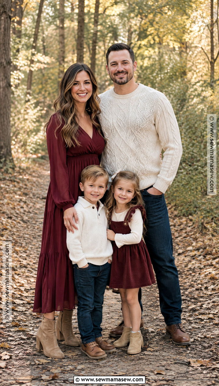 Maroon Dress With Cream And Denim Family Outfit - 15 fall family pictures outfits maroon