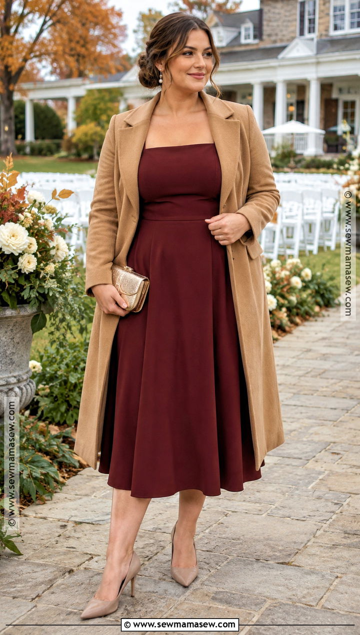 Maroon Fit And Flare Dress Outfit - 20 fall cocktail wedding guest dress ideas