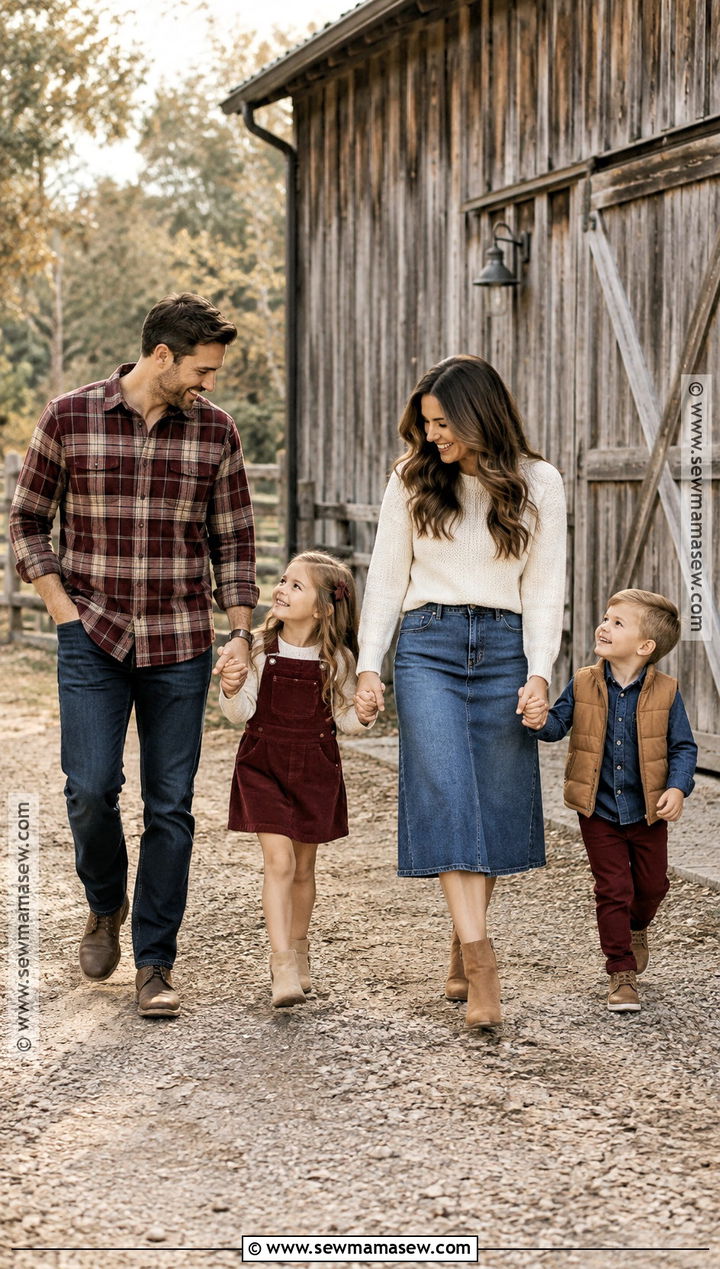 Maroon Flannel And Denim Family Outfit - 15 fall family pictures outfits maroon