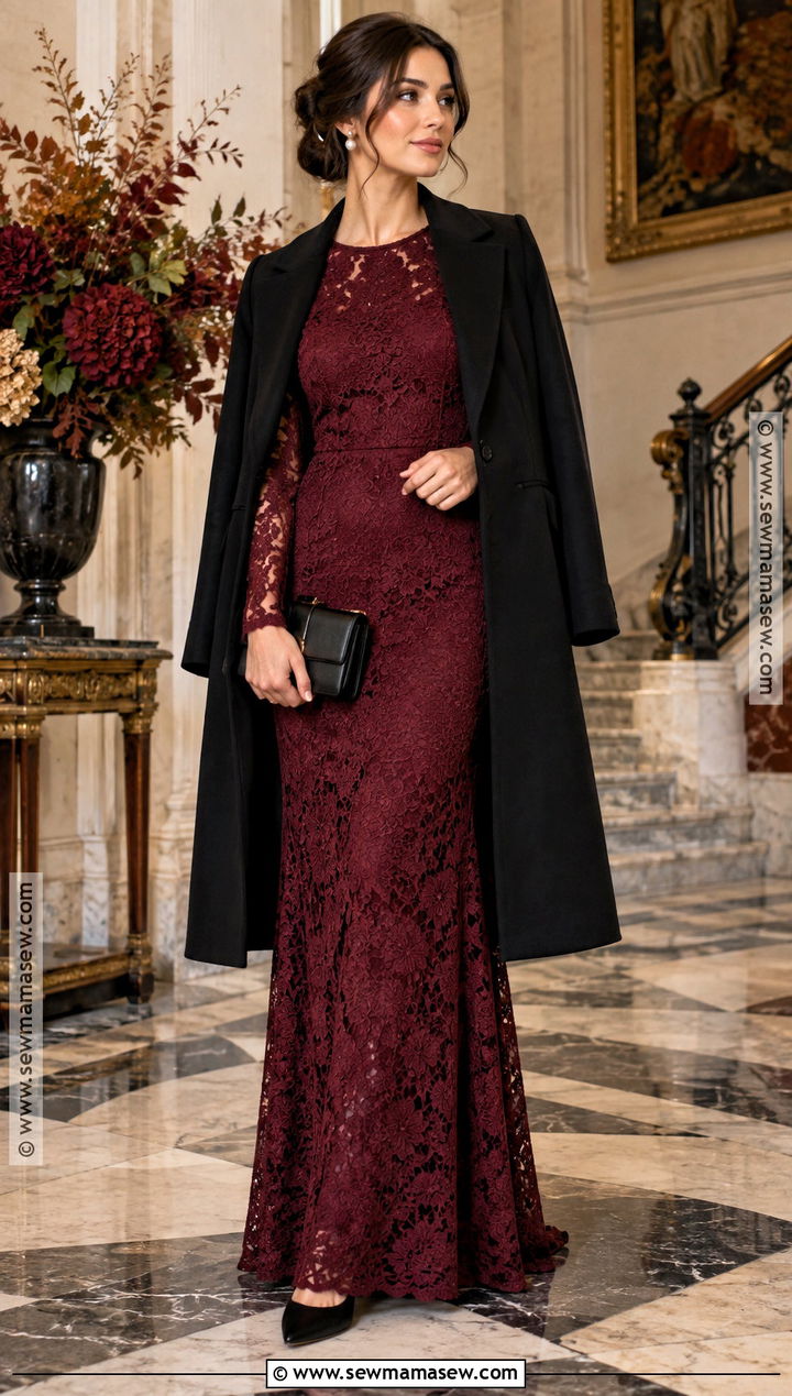 Maroon Lace Long Sleeve Dress - 25 fall formal dresses