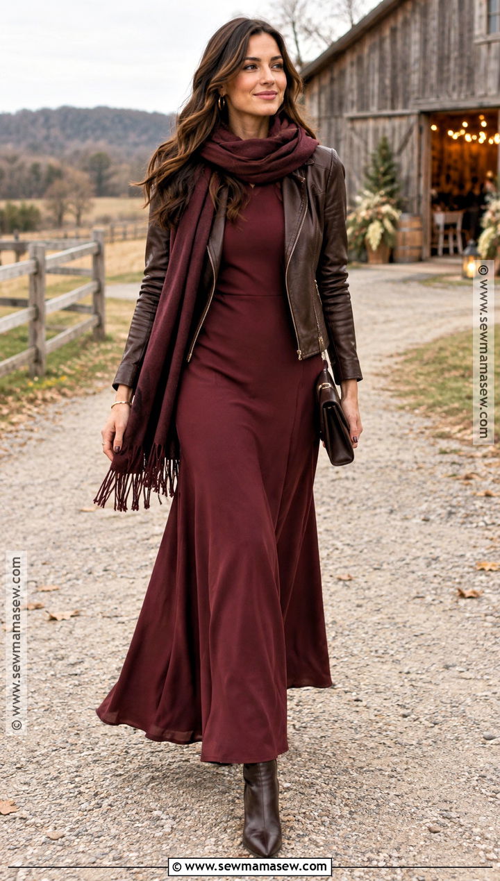 Maroon Maxi Dress With Leather Jacket - 15 november outdoor wedding guest outfit ideas