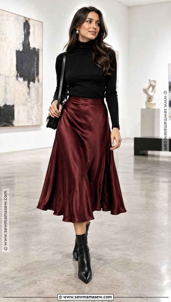 Maroon Satin Skirt With a Black Turtleneck - 20 maroon fall outfit ideas