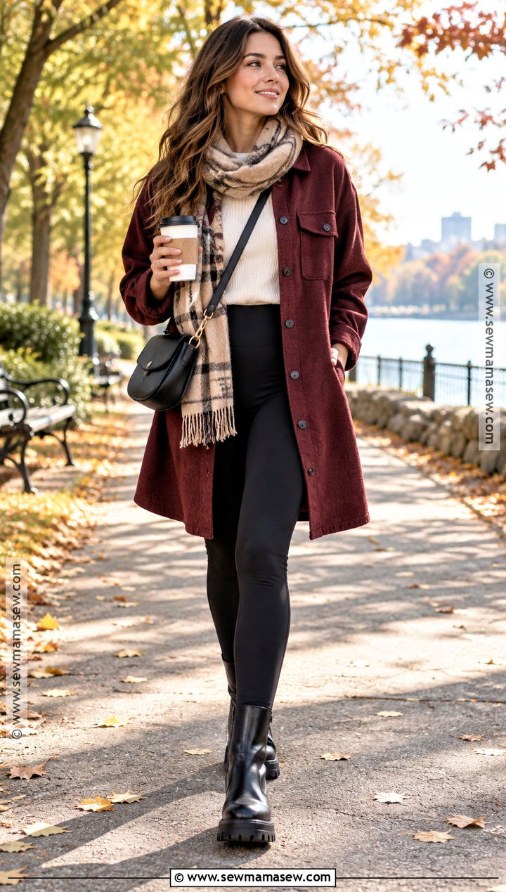 Maroon Shacket With Leggings - 20 maroon fall outfit ideas