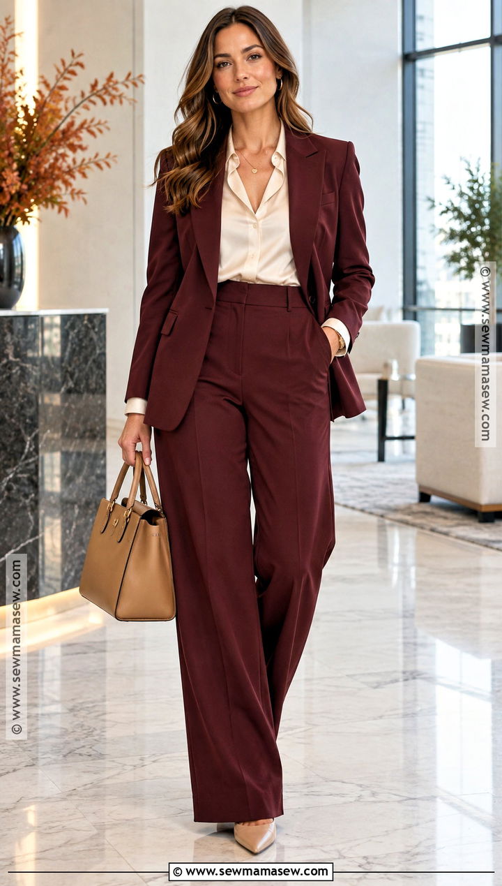 Maroon Suit With a Neutral Top - 20 maroon fall outfit ideas