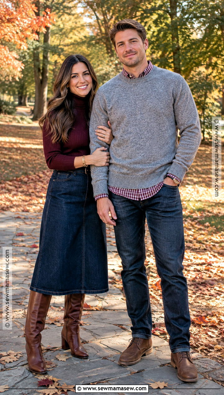 Maroon Sweater And Dark Denim September Couple Outfit - 15 september couple photoshoot outfits